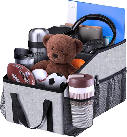 Ldex Car Seat Organizer for Back Seat Front Seat Between Seats,Car Storage Organizer for Kids with Multi- Pockets，Collapsible,cup Holders, Removable Dividers(Gray)