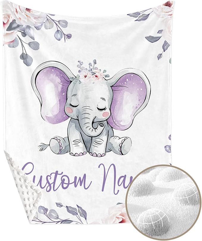 Personalized Crib Bedding Set for Boys Girls, Custom Baby Crib Sets with Name, Light Purple Elephant Design Nursery Bedding 2 Piece - Soft Blanket with Double Layer Dotted Backing, Crib Fitted Sheet