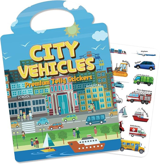 Reusable Sticker Book for Toddlers 3-6, Jelly Stickers for Kids, Sticker Activity Book Travel Toys for Road Trip, Car & Airplane, Educational Learning Gifts for Boys and Girls (Vehicles Cars Theme)