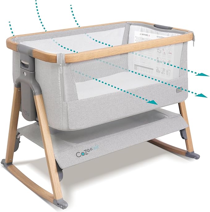 Tutti Bambini CoZee® Air Baby Bassinet & Bedside Sleeper - Rocking Bassinet for Baby, Fast-Folding with Travel Bag, Deluxe Airflow Mattress & 6 Mattress Heights, 0-6 Months (Silver & Oak)