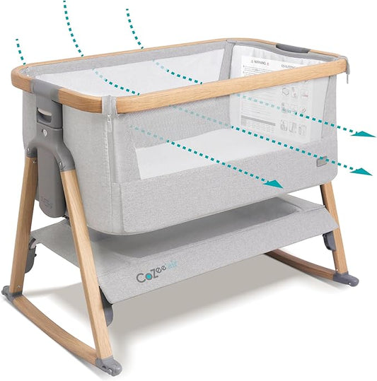 Tutti Bambini CoZee® Air Baby Bassinet & Bedside Sleeper - Rocking Bassinet for Baby, Fast-Folding with Travel Bag, Deluxe Airflow Mattress & 6 Mattress Heights, 0-6 Months (Silver & Oak)