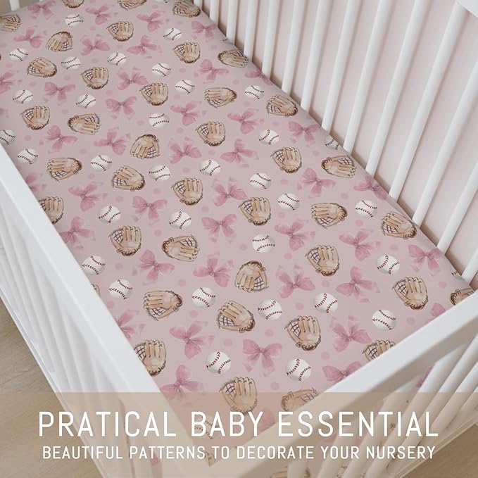 Pastel Pink Baseball Bows Baby Crib Sheets for Boys Girls Watercolor Girly Baseball Soft Snug Fitted Crib Mattress Covers for 52''x28'' Standard Crib & Toddler Mattresses Outdoor Sports Bed Sheets
