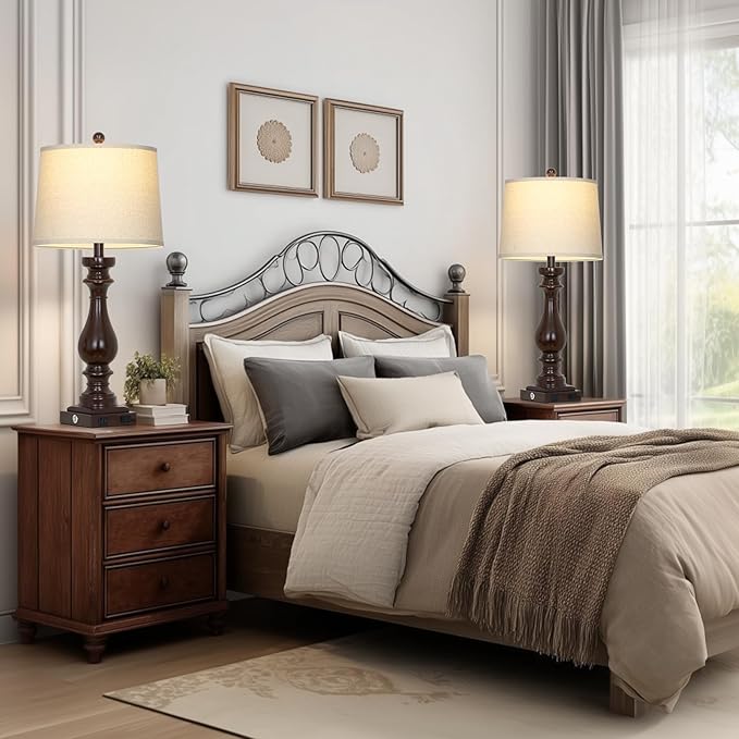 Cinkeda 29" Tall Farmhouse Table Lamp for Living Room Set of 2,Vintage Retro Nightstand Lamps with USB C+A Ports & AC Outlet,3-Way Dimmable Touch Bedside Lamp for Bedroom Side Table,Dark Brown