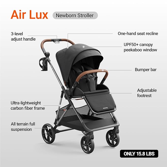MAMAZING Air Lux Baby Stroller, Strength Carbon Fiber Frame & Only 15.8lbs, Newborn Stroller with Car Seat Adapter, One-Hand Compact Folding & Reversible Seat, Infant Insert & Cup Holder Included