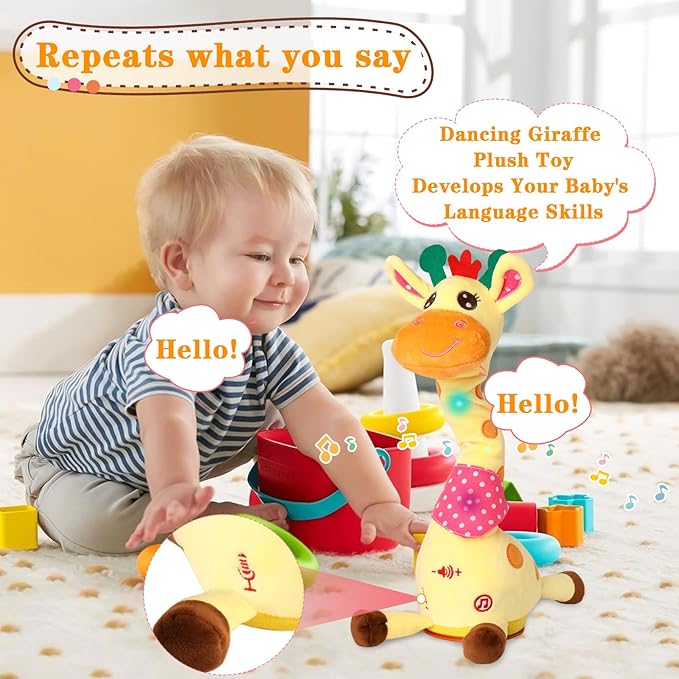 Dancing Talking Giraffe Toy, Stuffed Animal Baby Toy Repeating What You Say, Glowing Musical Electronic Giraffe Gifts for Toddlers 1-3 Years Old (Giraffe)