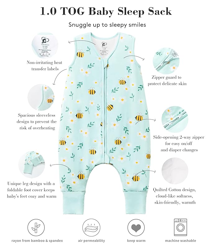 Baby/Toddler Sleep Sack with Legs, Rayon from Bamboo 95% + 5% Spandex, 1.0 TOG, 2‑Way Zipper Sleeping Bag, Walker‑Friendly 6-12M
