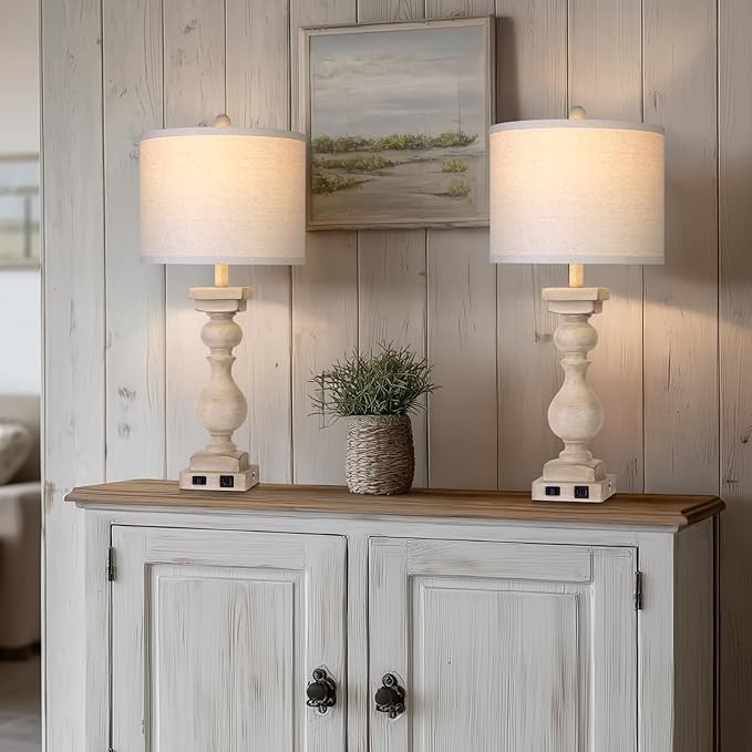 MOUVOVO 28" Tall Farmhouse Table Lamps Set of 2 with USB C+A Ports and AC Outlet, 3 Way Touch Tall Rustic Bedside Lamps for Living Room, Beige Vintage Lamps for Bedroom