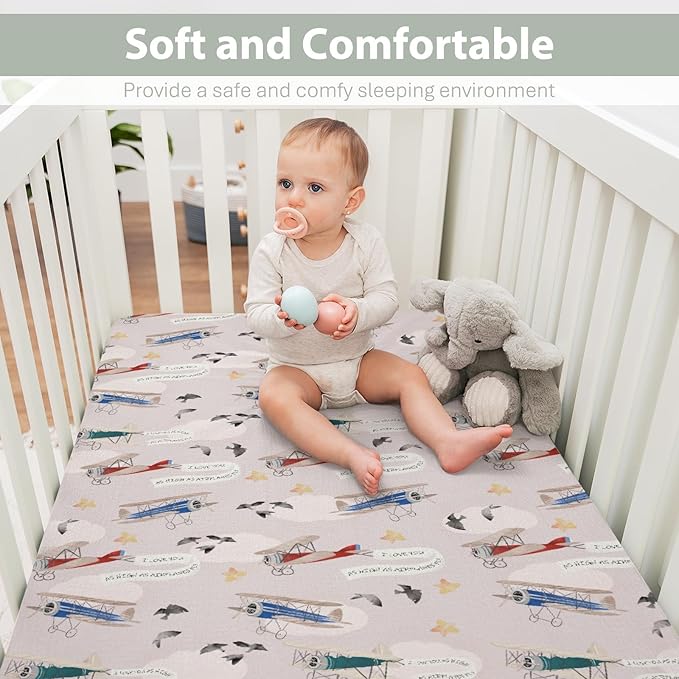 Vintage Planes Birds Sky Baby Crib Sheets for Boy Girl 28"x52" Retro Flying Airplanes Soft Stretchy Fitted Crib Mattress Covers Aircraft Travel Baby Sheets for Standard Crib & Toddler Mattress Pad