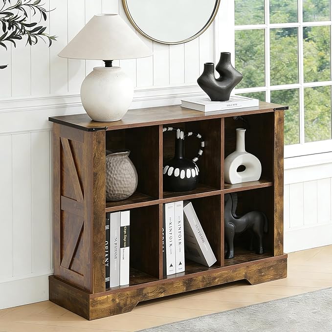 Puntogen 6 Cube Storage Organizer, Wood Cube Bookshelf with LED Lights, Horizontal Storage Cubes, Kids Bookshelf, Display Cabinet Cubby Shelf for Living Room Home Office Bedroom, Brown