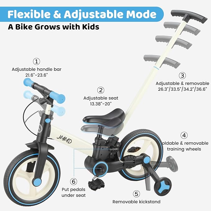 JMMD 6 in 1 Toddler Bike with Push Handle for Kids 18-60 Months, 12" Foldable Balance Bike with Training Wheels, Pedals, Brakes, Kickstand, Push Tricycle Toddler Gift & Toys for Boy & Girl
