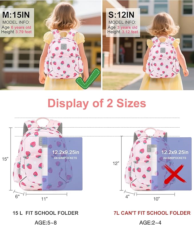 CAMTOP Toddler Backpack for Boys Girls 2-4, Kids Backpacks for Kindergarten Preschool, 12" H Small Bookbag for Daycare Travel (L - Pink Strawberry, 15"- Fit A4 Folder)