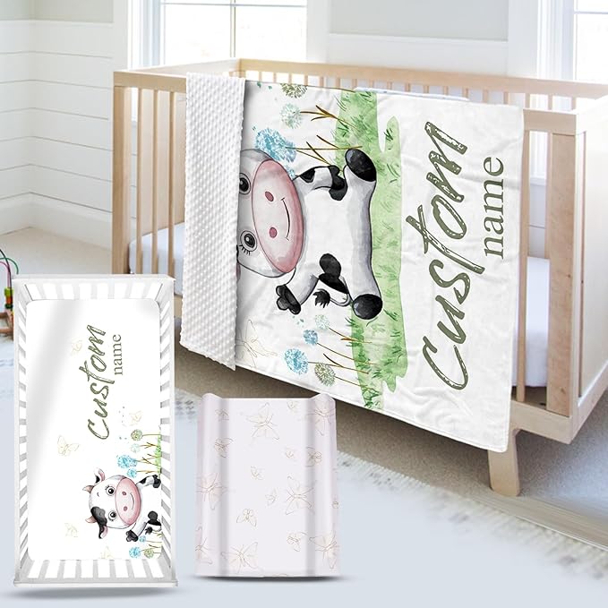 Custom Name Crib Bedding Set 3-Piece – Cows Design Baby Bedding Set with Personalized Soft Blanket, Fitted Sheet, Changing Pad Cover – Ideal Newborn Gift for Boys and Girls
