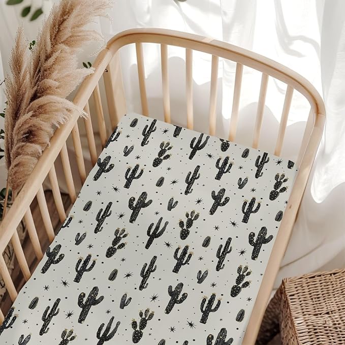 Minimalist Boho Cactus Baby Crib Sheets for Boy Girl 52"x28" Vintage Cactus Floral Soft Snug Fitted Crib Mattress Cover Wild Desert Plant Nursery Baby Sheet for Standard Crib & Toddler Bed Mattress