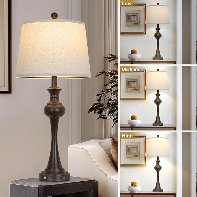 Cinyirong Brown Touch Table Lamps,28.75" Tall Bedside Lamps with USB C+A Ports, 3-Way Dimmable Table Lamp, Nightstand Lamps for Bedroom, Living Room，Brown Lamps with Beige Lampshade, Bulb Included