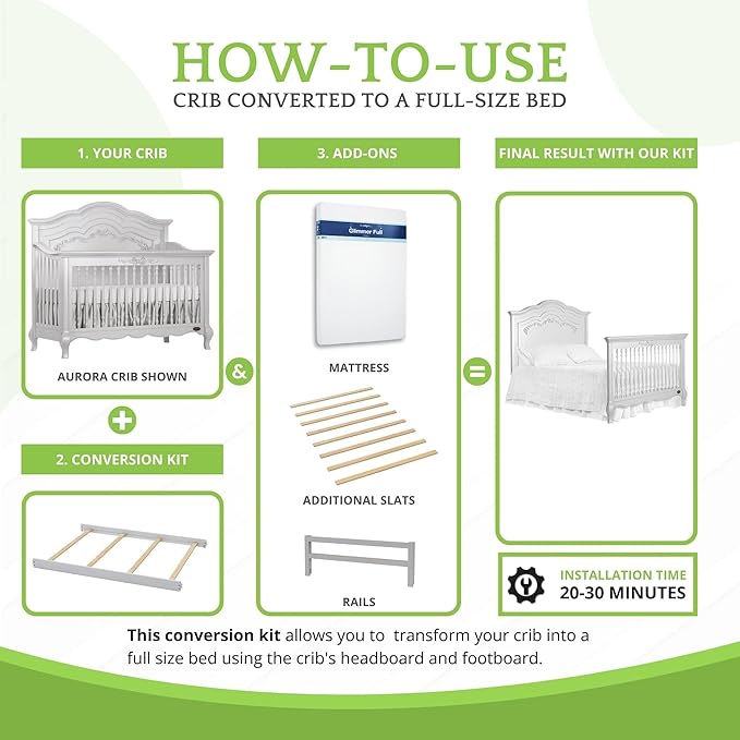 Full-Size Conversion Kit Bed Rails for Evolur Cribs - Solid Wood Crib Convertible Kit to Kids Bed - Transitional Style Rails & Easy-to-Install Child Essentials for Safety (Silver Mist)