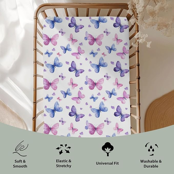 Purple and Pink Butterflies Baby Crib Sheets for Boy Girl 52x28 Watercolor Butterflies Soft Stretchy Fitted Crib Mattress Cover Colorful Butterflies Baby Sheet for Standard Crib and Toddler Mattress