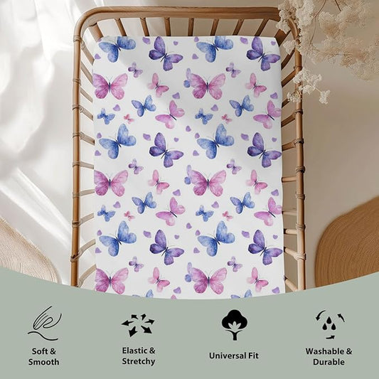 Purple and Pink Butterflies Baby Crib Sheets for Boy Girl 52x28 Watercolor Butterflies Soft Stretchy Fitted Crib Mattress Cover Colorful Butterflies Baby Sheet for Standard Crib and Toddler Mattress