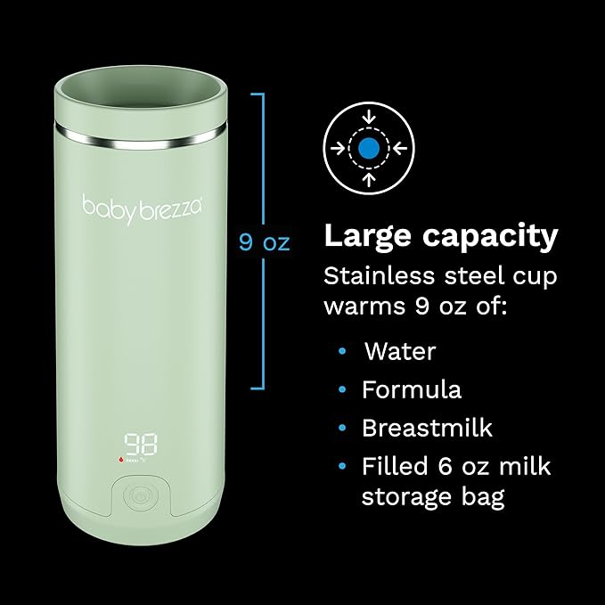 Baby Brezza Portable Warmer – 3X Faster Baby Bottle Warming - Travel Breastmilk and Formula Warmer - Safe, Even Heating - Up to 9oz - No Adapters, Green