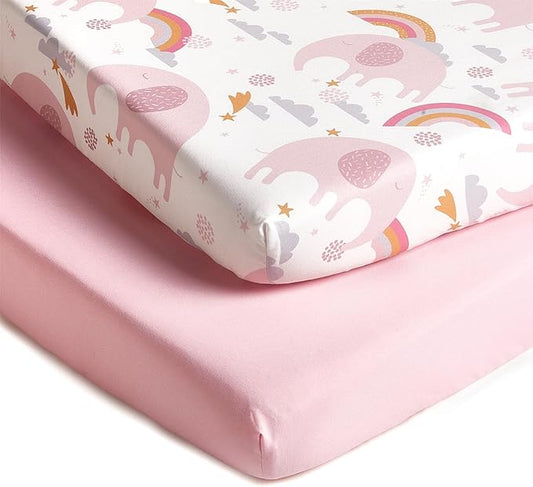 TILLYOU Mini Crib Fitted Sheets - Soft Knit Sheet for Pack N Play, Microfiber Mini Crib Sheets, 38 x 24 Playpen Bedding Sheet for Baby 2 Pack, Machine Washable, Rainbow Elephant
