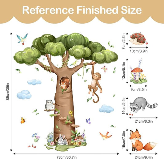 Tanlaby Woodland Animal Tree Wall Decals Rabbit Fox Monkey Baobab Tree Wall Stickers Peel and Stick Art Decor for Baby Nursery Kids Bedroom Toddler Room Decor, 38in H