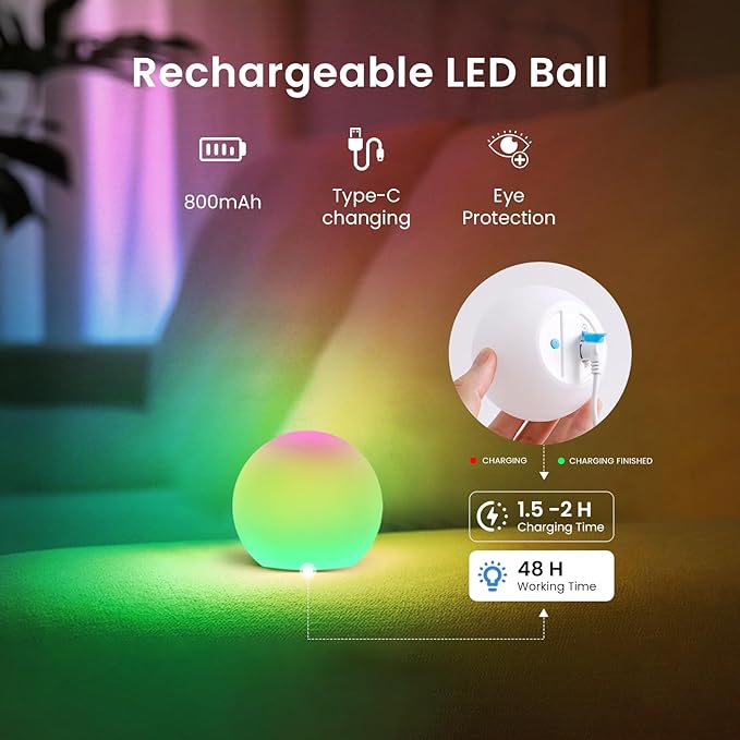 LOFTEK 3-inch Smart Sphere Night Light, Rechargeable LED Ball Lights, 16 RGB Color Change Mood Lighting, Waterproof Ambient Light for Home Bedroom Patio Pool Bathtub Decorative Lighting, 2 Pack
