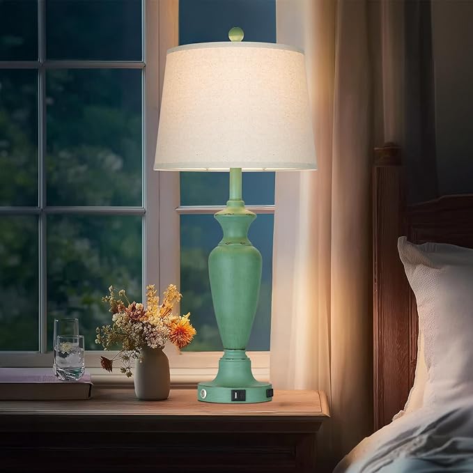 Cinyirong 30" Tall Metal Table Lamps Set of 2, Touch Control Bedside Lamps for Bedroom Nightstand, 3-Way Dimmable Farmhouse Lamp for Living Room with Charging Ports, Retro Green (2 LED Bulbs Included)