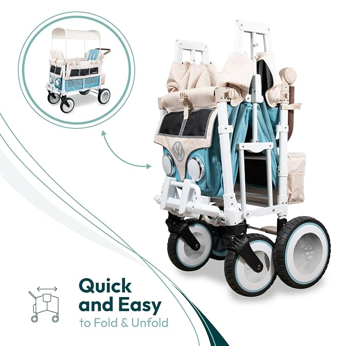 WONDERFOLD Volkswagen Double Stroller Wagon (2 Seater) - Foldable Wagon Stroller with Classic VW Bumper, Headlights, and Retro All-Terrain XL Wheels, Bondi Blue