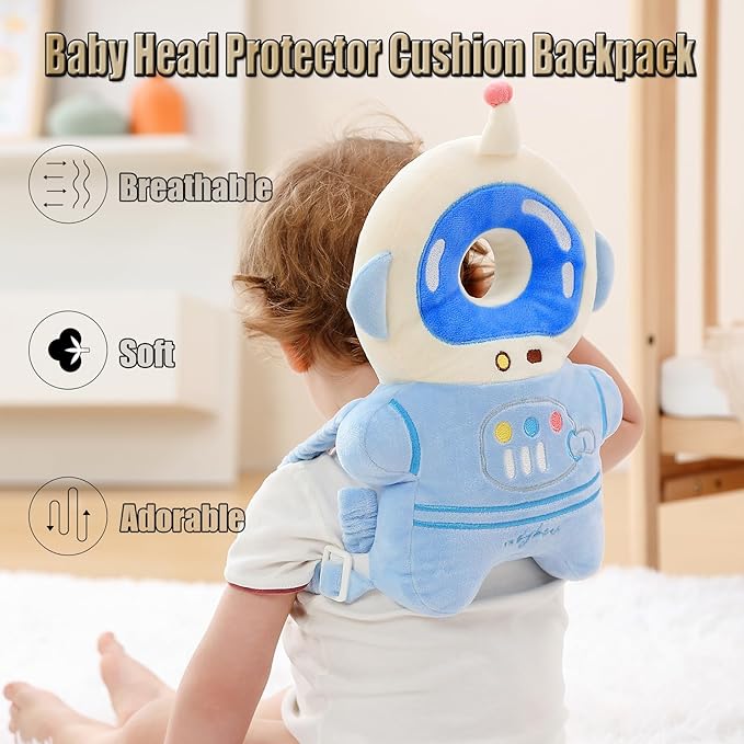 Feidoog Baby Head Protection Backpack with 3 Baby Knee Pads - Soft & Lightweight Head Protection for Walking and Crawling,Blue White Astronauts