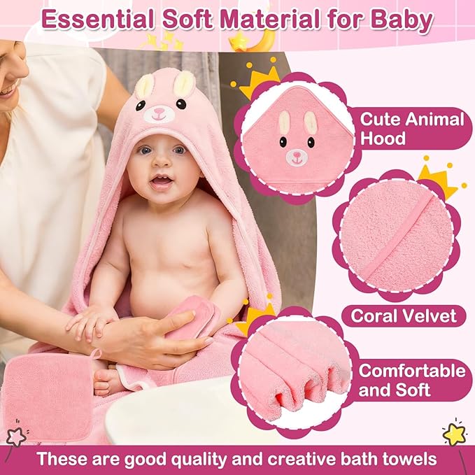 5 Pcs Baby Towels Set, 32x32 in Hooded Bath Towel, 3 Pcs Baby Washcloths and Muslin Baby Bibs for Newborns, Toddlers, and Kids, Baby Towels and Washcloths Set for Boys and Girls (Pink Rabbit)