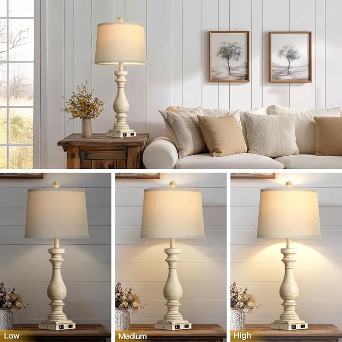 luxeflow 29" Tall Vintage Table Lamps Set of 2,Farmhouse Bedside Lamps with USB C+A Ports & AC Outlet,3-Way Dimmable Touch Lamp for Night Stands Living Room Bedroom,Beige