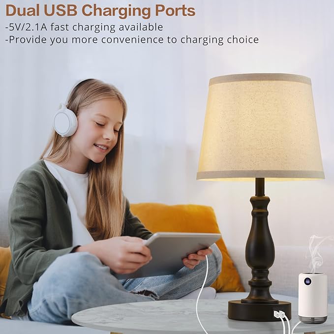 EJIAXIN Lamps for Bedroom Set of 2,Touch Bedside Table Lamp with USB C+A Ports,Dimmable Nightstand Lamps with Round Fabric Linen Lampshade for Living Room Reading Bed Side End Table,Bulbs Included