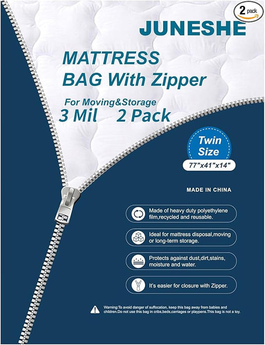 2 Twin Mattress Bags Cover for Moving and Storage-3 Mil Zipper Plastic Waterproof Wrap Protector Reusable Storage Bag