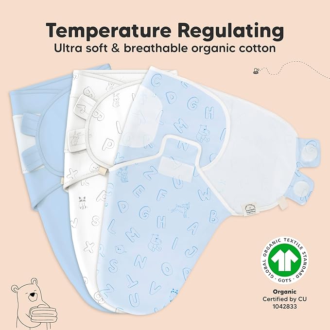 KeaBabies 3-Pack Organic Baby Swaddle Sleep Sacks - Swaddles for Newborns, Infant 0-3 Months, Baby Girls, Boys, Soft & Snug Newborn Sleep Sack, Nursery Swaddling Blankets (Abc Land Cloud)
