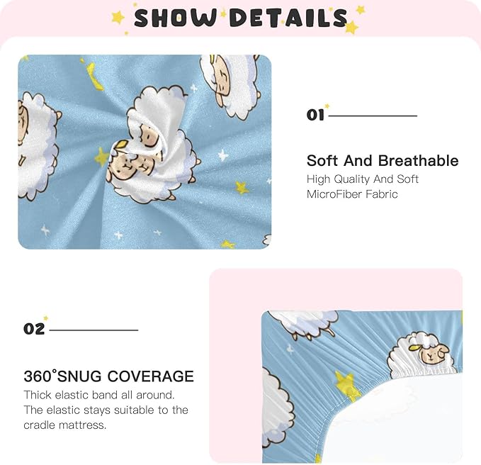 Sheep and Stars Blue Crib Sheets Standard Crib Toddler Mattresses Cover Fitted Baby Bed Sheet Breathable Crib Mattress Sheet for Girls Boys 39''x27''x9''
