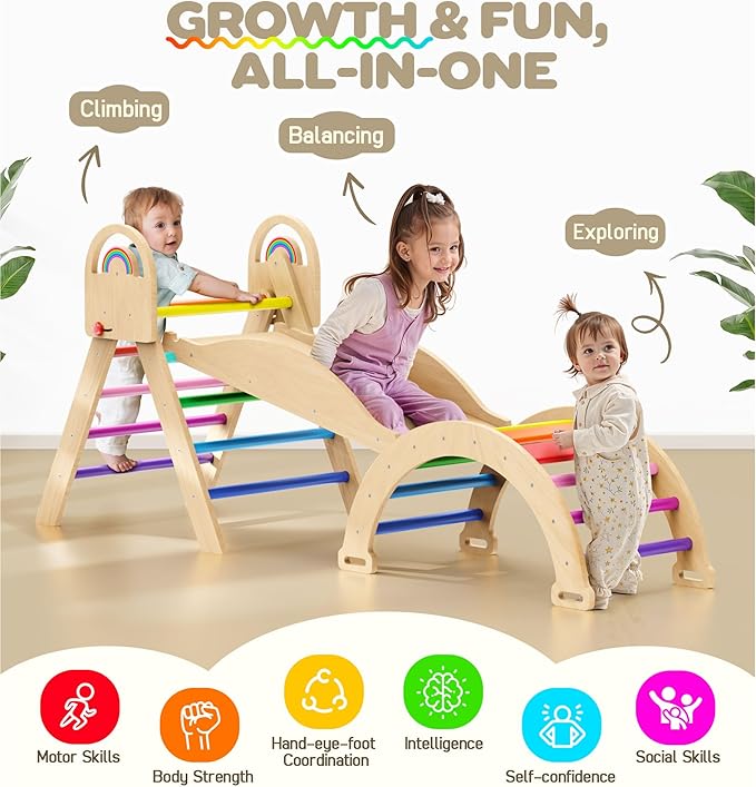 Pikler Triangle Set, 9-in-1 Montessori Climbing Toy for Toddlers, Foldable Wooden Indoor Jungle Gym & Playground Climber for Learning and Motor Skills (18 Months–7 Years)