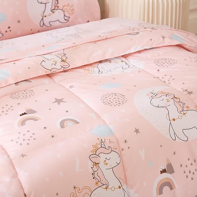 JSD Pink Unicorn Toddler Bedding Set, 4 Piece Bed-in-a-Bag Toddler Microfiber Comforter Sheet Set, All Season Machine Washable