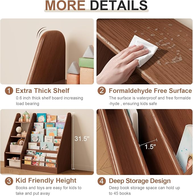 DONGMUWUJEE Solid Wood Kids Bookshelf and Storage Organizer, 7 Layer Children Bookcase, Baby Toddler Wooden Book Shelf, Display Cabinet for Playroom, Bedroom, Classroom, Nursery, School, Walnut