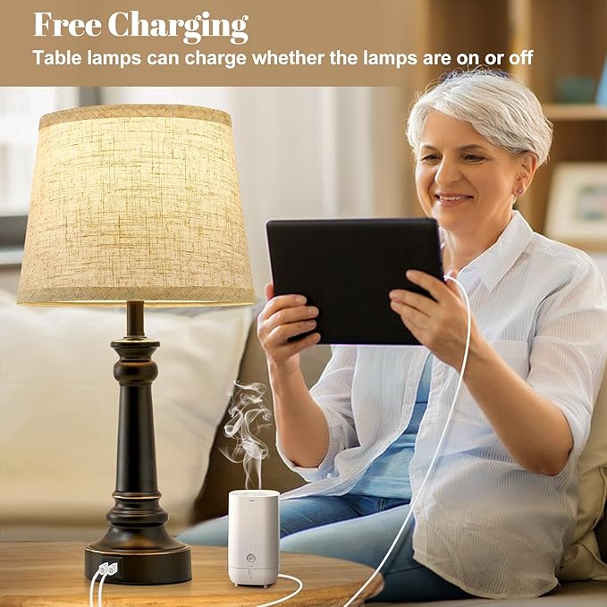 EJIAXIN Touch Lamps for Nightstand Set of 2 - Black Table Lamp for Bedroom Dimmable Bedside Lamp with USB C+A Ports - Lamps for Night Stands Living Room End Table,2 LED Bulbs Included