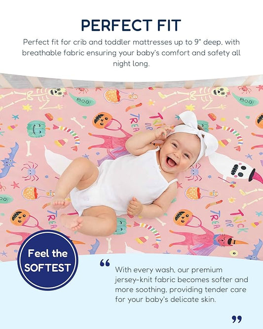 Ultra-Soft Halloween Crib Sheets Girl, 2 Pack Pink Fitted Baby Crib Sheet for Standard Crib Mattress & Toddler Bed Mattress (52"x28"), Boo, Trick or Treat, Pumpkin