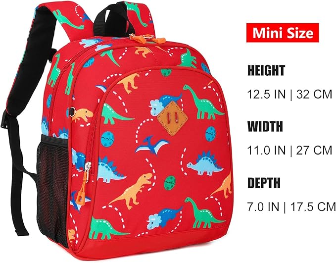 JinBeryl Toddler Backpack for Boys or Girls, Little Kids Backpack for Preschool or Kindergarten (Dinosaur Red, Mini)