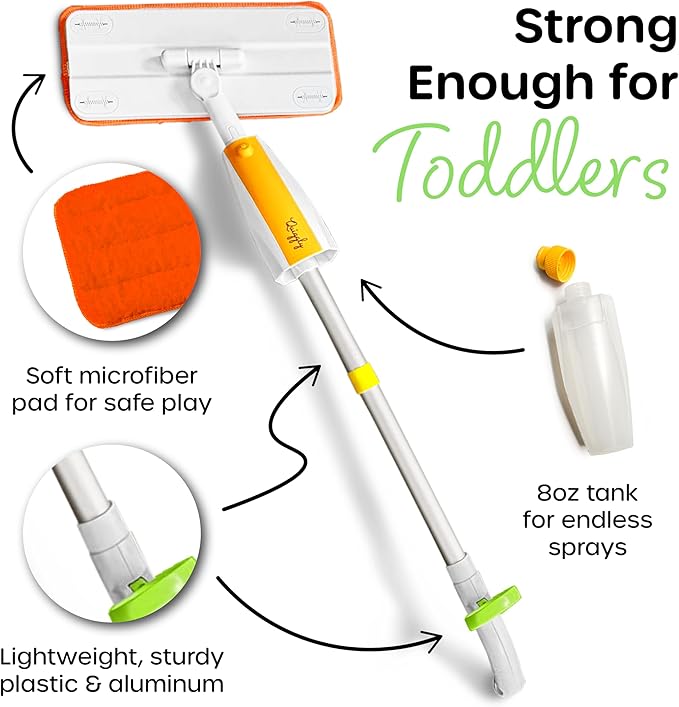 Quiggly Toddler Spray Mop – Two-Handed Design for Ages 3–5 with Real Water Sprayer – Montessori Functional Cleaning Toy Set