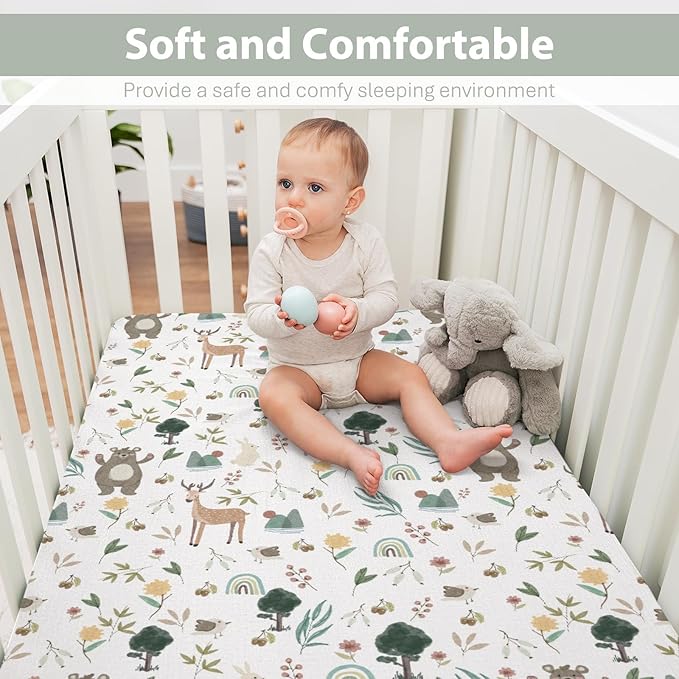 Boho Spring Animal Baby Crib Sheets for Boy Girl 52x28Inch Bear Deer Bunny Bird Rainbow Trees Mountain Soft Snug Fitted Crib Mattress Cover Animals Baby Sheet for Standard Crib & Toddler Mattress
