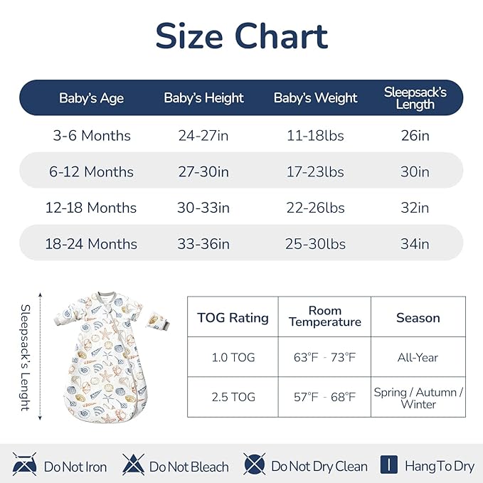 Baby Sleep Sack 6–12 Months, 2.5 TOG Warm Cotton Sleep Sack with Detachable Long Sleeves, Winter Wearable Blanket for Cold Nights, 2-Way Zipper Toddler Sleeping Sack, Ocean