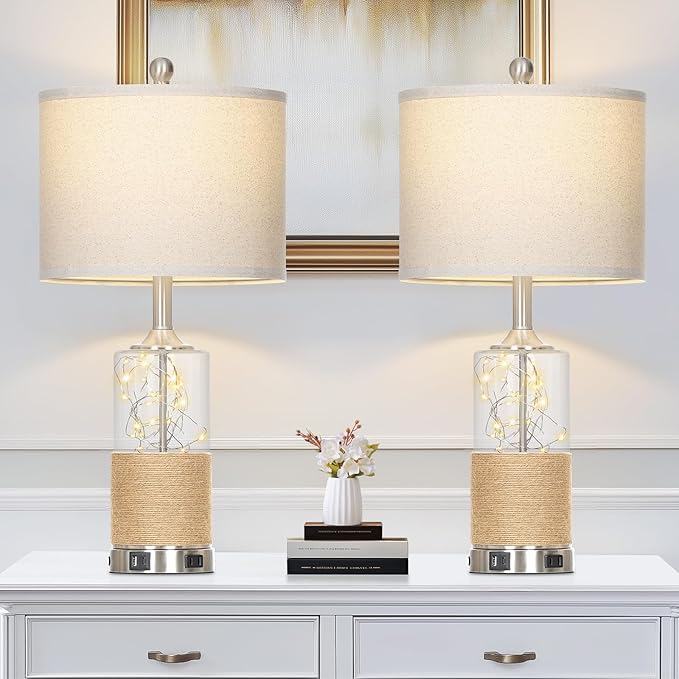 Cinyirong 25" Boho Table Lamps Set of 2, Coastal Glass Bedside Lamps with USB A+C Ports and AC Outlet, Rattan Lamp with Night Light for Nightstand Living Room Bedroom, 2 LED Bulbs Included, Silver