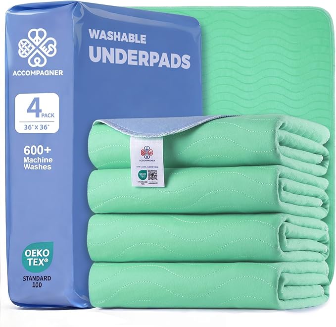 Accompagner Waterproof Reusable for Adults and Pets Washable Pee Pads for Dogs Changing Pad Large Dog Bed Size Adults Incontinence Bed Pads - Non-Slip Leak-Proof (Green, 4Pack-36" x36")