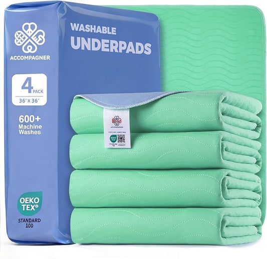 Accompagner Waterproof Reusable for Adults and Pets Washable Pee Pads for Dogs Changing Pad Large Dog Bed Size Adults Incontinence Bed Pads - Non-Slip Leak-Proof (Green, 4Pack-36" x36")