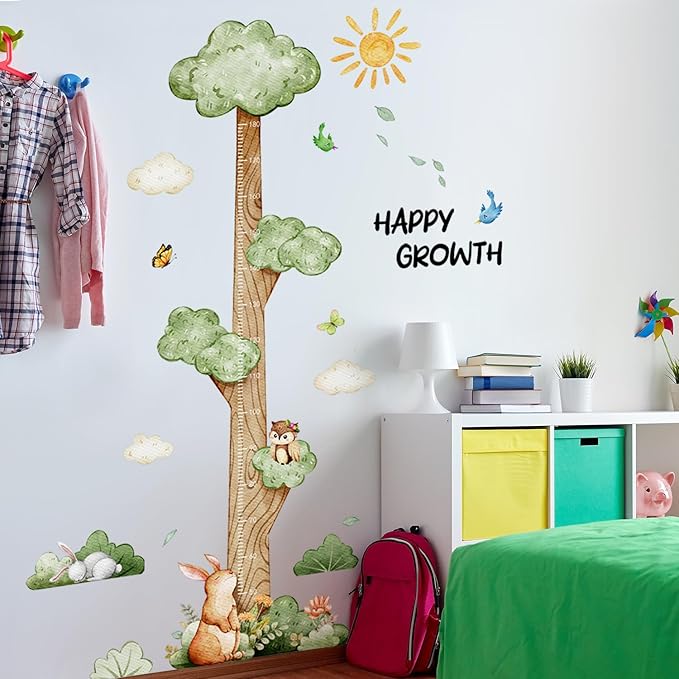 DRWSSR 3D Cartoon Height Growth Chart for Kids Wall Stickers Removable DIY Jungle Animals and Plants Height Sticker Peel and Stick Sun White Clouds Wall Art Decor for Nursery Kids Bedroom Living Room