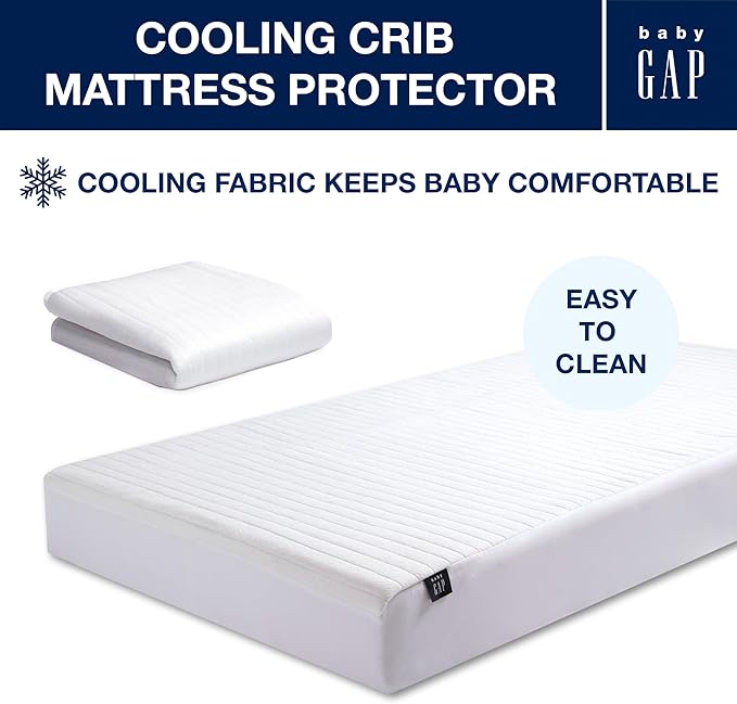 Crib Mattress Protector for Infants and Toddlers - Waterproof, Cooling, Soft Quilted, Elastic, and Washable Baby Mattress Protector in White, Quiet Comfort by babyGap