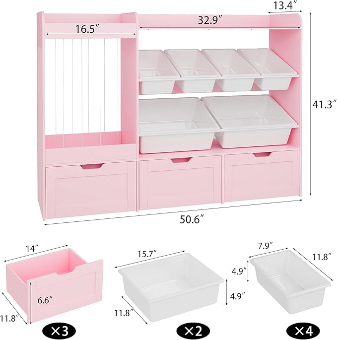VortinT Kids Stuffed Animal Storage, 50.6" W Large Toy Organizer Shelf with 6 Plastic Bins, 3 Rolling Box, Wooden Toddler Toy Bookshelf Organization Shelves for Play Room, Nursery (Pink)