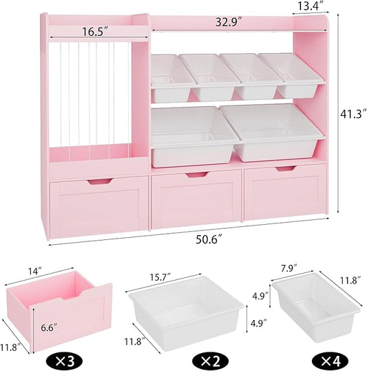 VortinT Kids Stuffed Animal Storage, 50.6" W Large Toy Organizer Shelf with 6 Plastic Bins, 3 Rolling Box, Wooden Toddler Toy Bookshelf Organization Shelves for Play Room, Nursery (Pink)